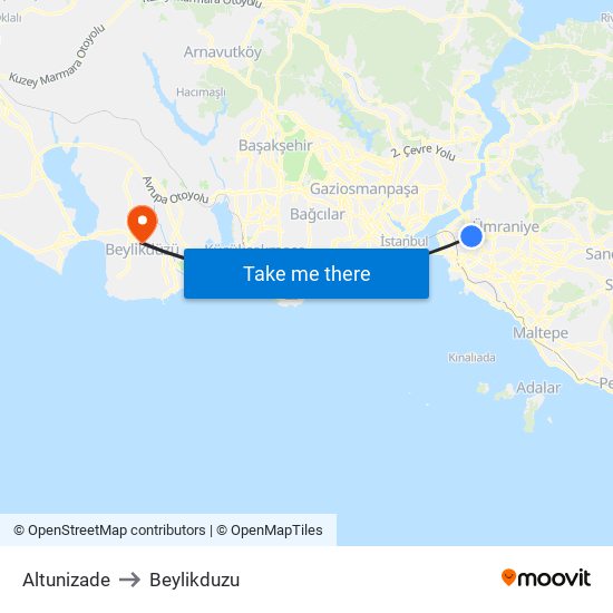 Altunizade to Beylikduzu map
