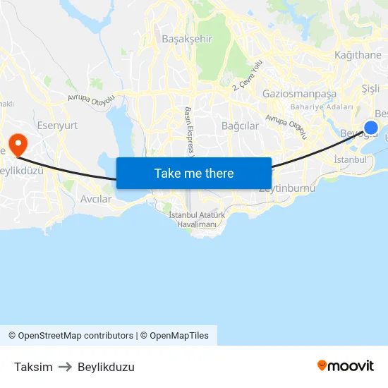 Taksim to Beylikduzu map