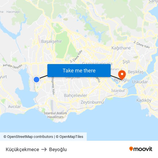 Küçükçekmece to Beyoğlu map