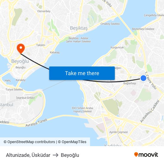 Altunizade, Üsküdar to Beyoğlu map