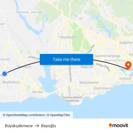 Büyükçekmece to Beyoğlu map