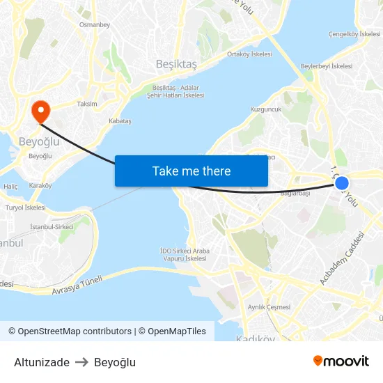 Altunizade to Beyoğlu map