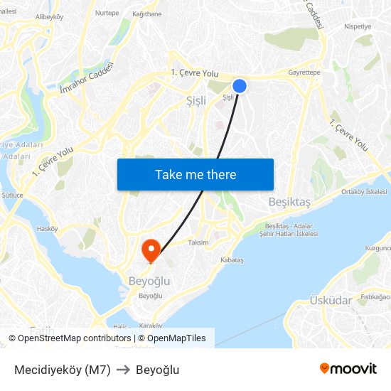 Mecidiyeköy (M7) to Beyoğlu map