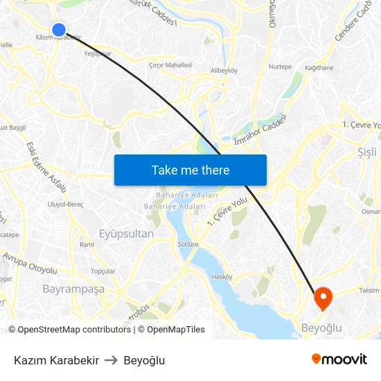 Kazım Karabekir to Beyoğlu map