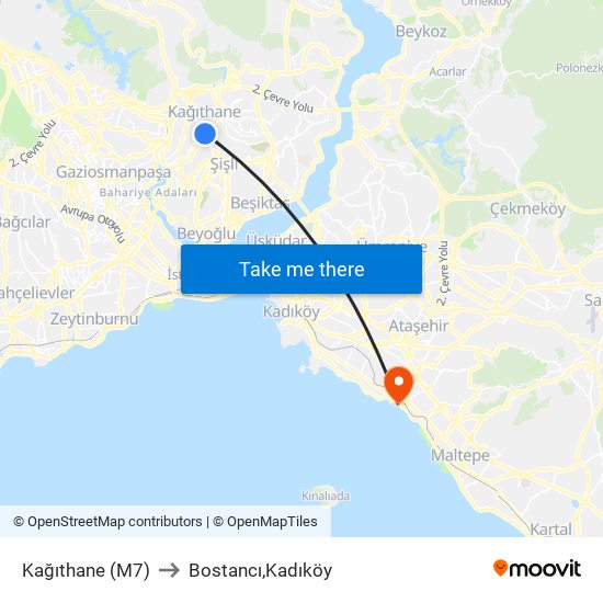Kağıthane (M7) to Bostancı,Kadıköy map