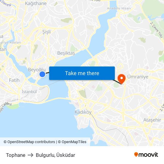 Tophane to Bulgurlu, Üsküdar map