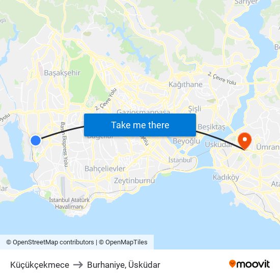 Küçükçekmece to Burhaniye, Üsküdar map