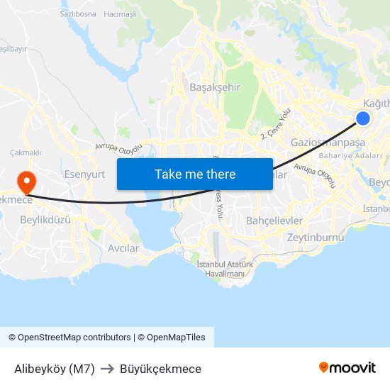 Alibeyköy (M7) to Büyükçekmece map