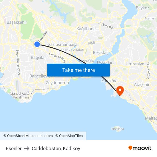 Esenler to Caddebostan, Kadıköy map