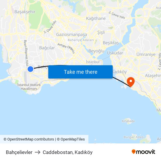 Bahçelievler to Caddebostan, Kadıköy map