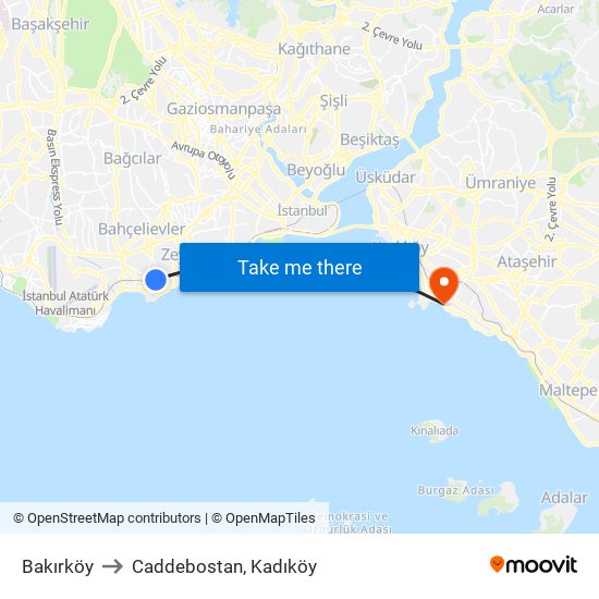 Bakırköy to Caddebostan, Kadıköy map