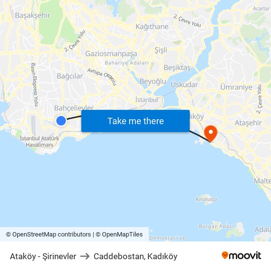 Ataköy - Şirinevler to Caddebostan, Kadıköy map