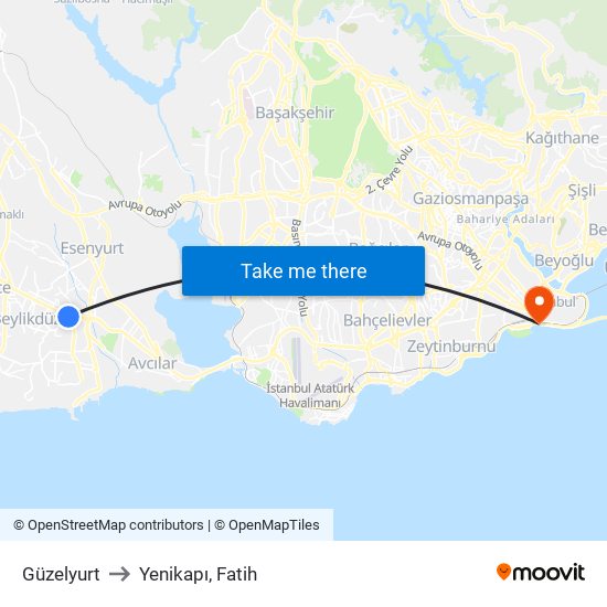 Güzelyurt to Yenikapı, Fatih map