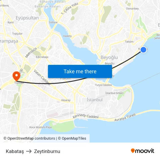 Kabataş to Zeytinburnu map