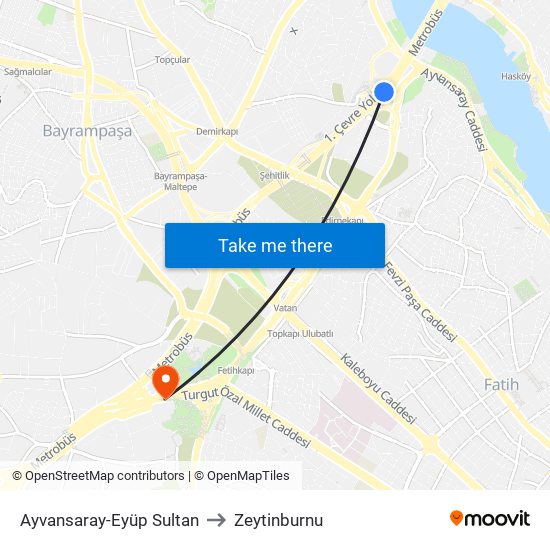 Ayvansaray-Eyüp Sultan to Zeytinburnu map