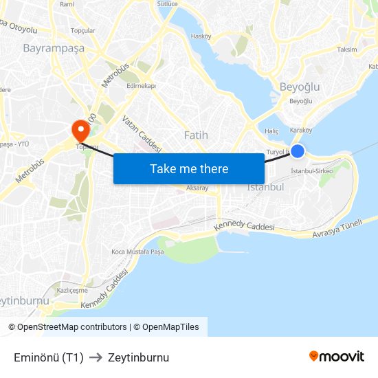 Eminönü (T1) to Zeytinburnu map