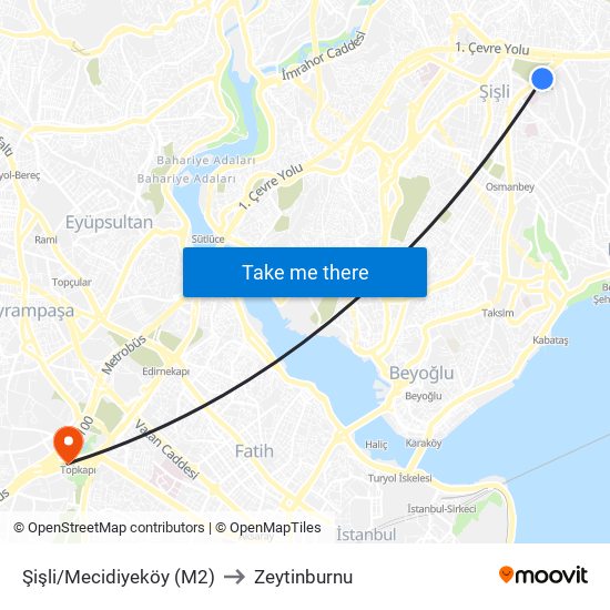 Şişli/Mecidiyeköy (M2) to Zeytinburnu map