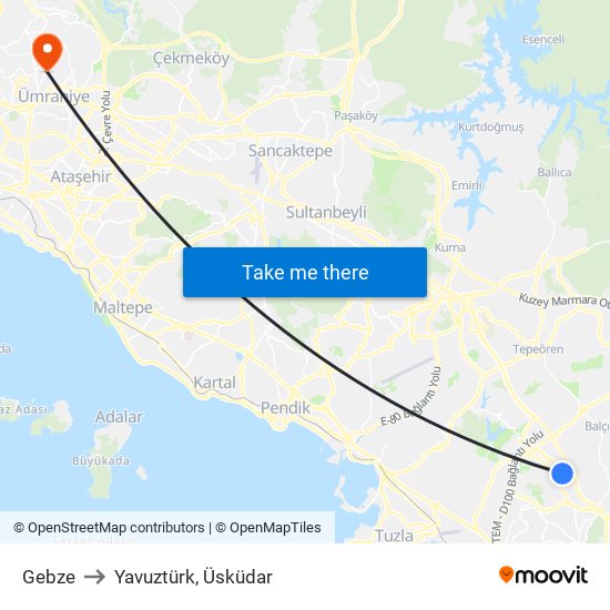 Gebze to Yavuztürk, Üsküdar map