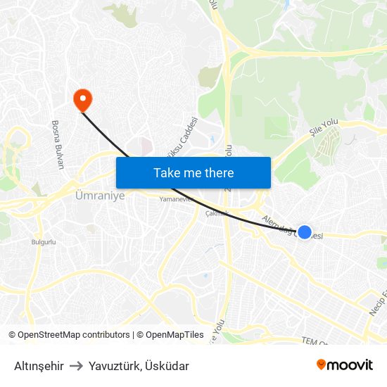 Altınşehir to Yavuztürk, Üsküdar map