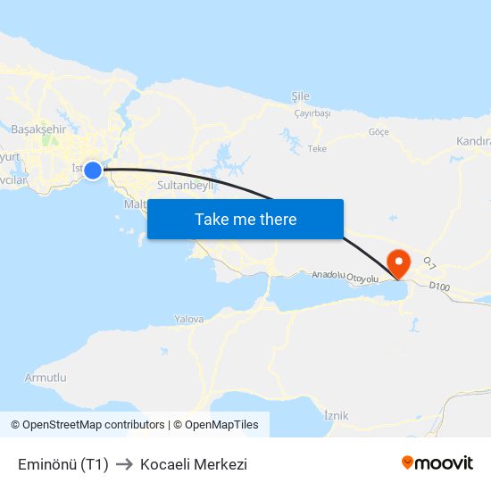 Eminönü (T1) to Kocaeli Merkezi map