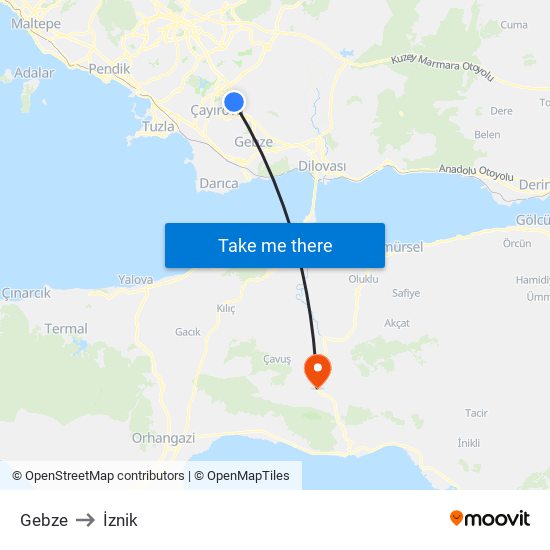 Gebze to İznik map