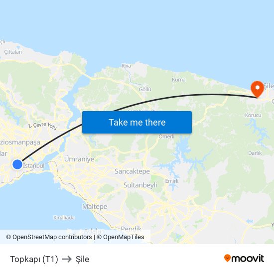 Topkapı (T1) to Şile map