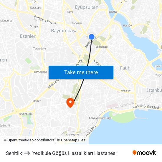 Sehitlik to Yedikule Göğüs Hastalıkları Hastanesi map