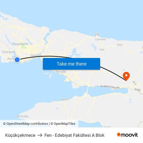 Küçükçekmece to Fen - Edebiyat Fakültesi A Blok map