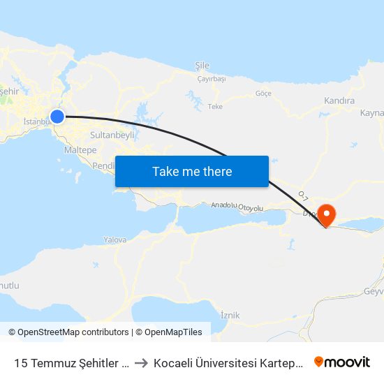 15 Temmuz Şehitler Köprüsü to Kocaeli Üniversitesi Kartepe Yerleşkesi map