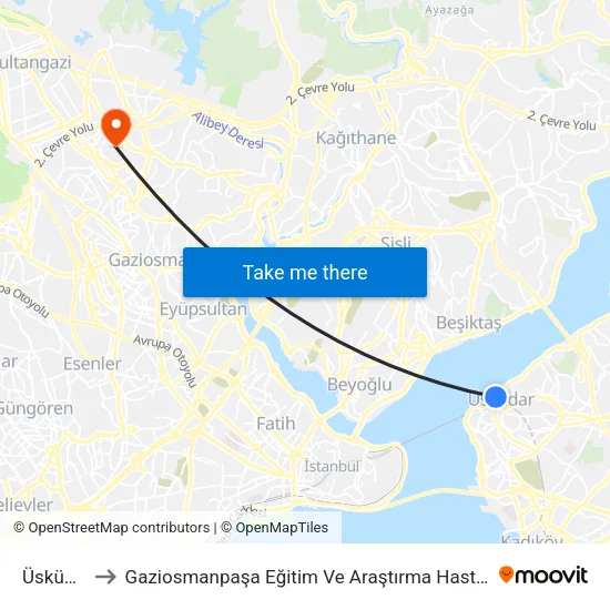 Üsküdar to Gaziosmanpaşa Eğitim Ve Araştırma Hastanesi map