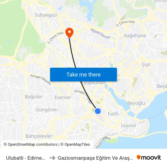 Ulubatli - Edirnekapi Yönü to Gaziosmanpaşa Eğitim Ve Araştırma Hastanesi map