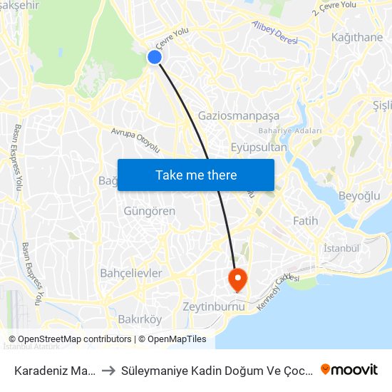 Karadeniz Mahallesi to Süleymaniye Kadin Doğum Ve Çocuk Hastanesi map