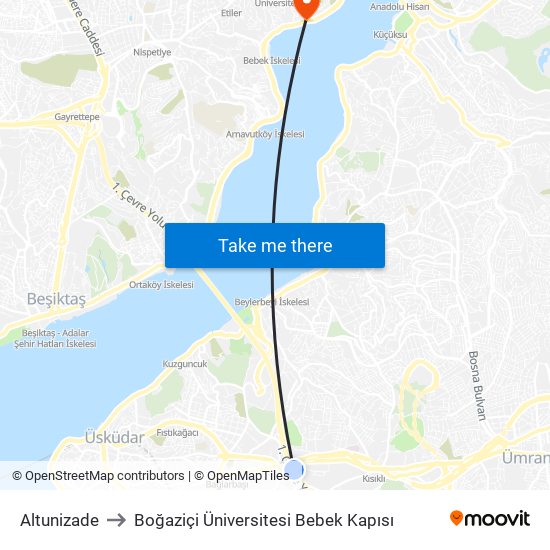 Altunizade to Boğaziçi Üniversitesi Bebek Kapısı map