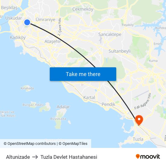 Altunizade to Tuzla Devlet Hastahanesi map