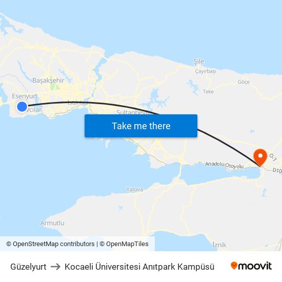 Güzelyurt to Kocaeli Üniversitesi Anıtpark Kampüsü map