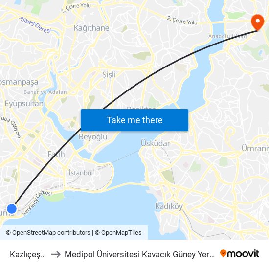 Kazlıçeşme to Medipol Üniversitesi Kavacık Güney Yerleşkesi map