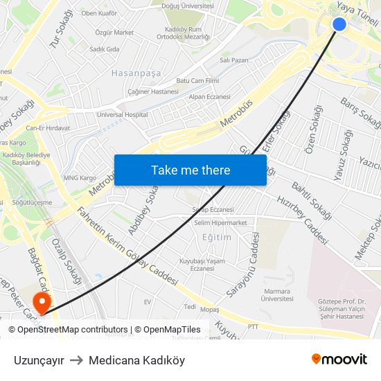 Uzunçayır to Medicana Kadıköy map