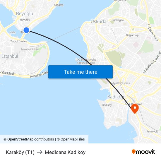 Karaköy (T1) to Medicana Kadıköy map