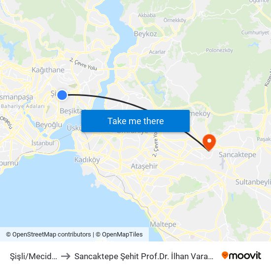 Şişli/Mecidiyeköy (M2) to Sancaktepe Şehit Prof.Dr. İlhan Varank Eğitim Ve Araştırma Hastanesi map