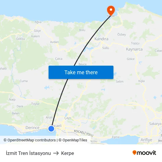 İzmit Tren İstasyonu to Kerpe map