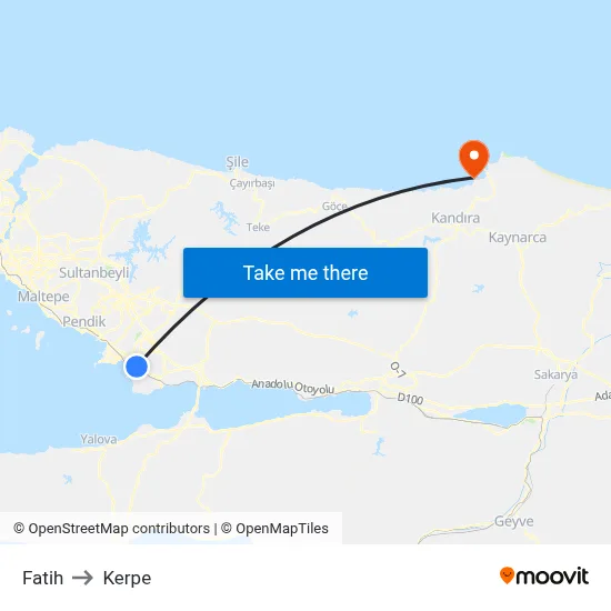 Fatih to Kerpe map