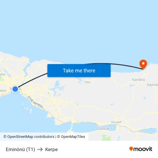 Eminönü (T1) to Kerpe map