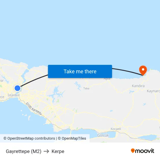 Gayrettepe (M2) to Kerpe map