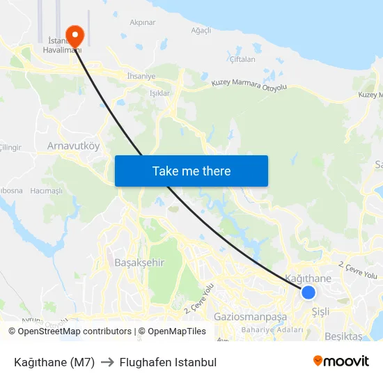 Kağıthane (M7) to Flughafen Istanbul map