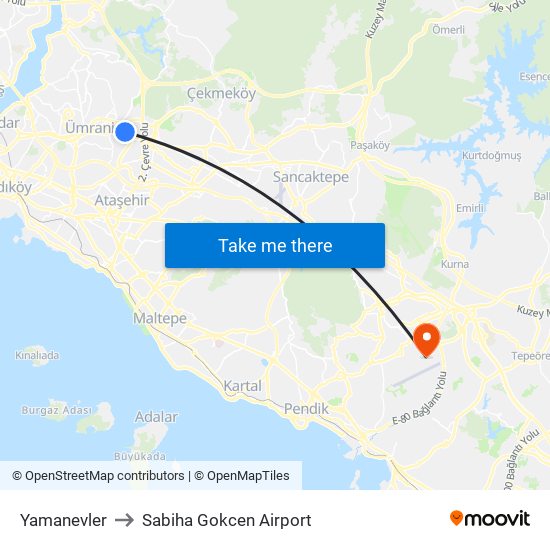 Yamanevler to Sabiha Gokcen Airport map