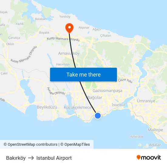 Bakırköy to Istanbul Airport map