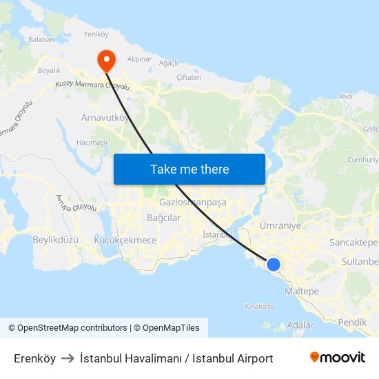 Erenköy to İstanbul Havalimanı / Istanbul Airport map