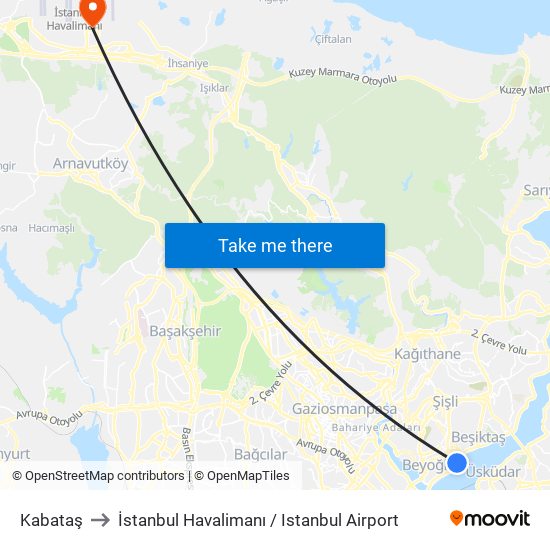 Kabataş to İstanbul Havalimanı / Istanbul Airport map