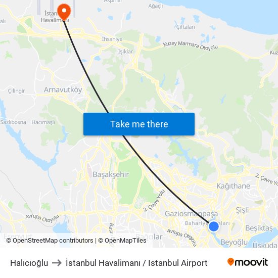 Halıcıoğlu to İstanbul Havalimanı / Istanbul Airport map