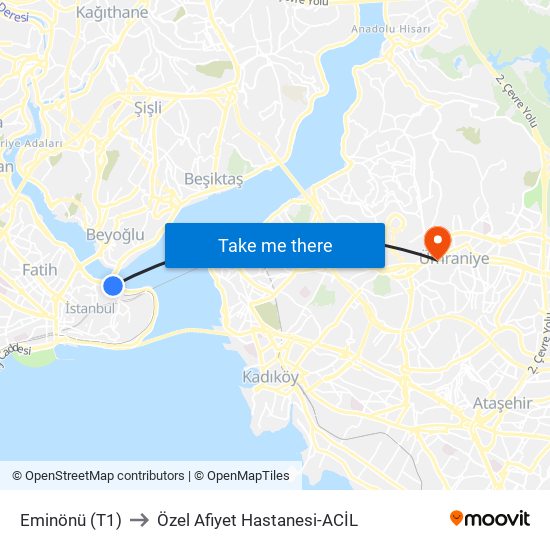 Eminönü (T1) to Özel Afiyet Hastanesi-ACİL map